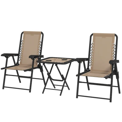 Outsunny 3 Pieces Patio Bistro Set, Outdoor Folding Table and Chairs Set, Metal Patio Furniture Set with Cup Holders, Khaki