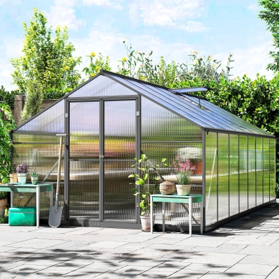 Outsunny Polycarbonate Greenhouse, Walk-in Green House with Two Top Windows, Rain Gutter and Swing Door, 8' x 16' x 7', Dark Grey