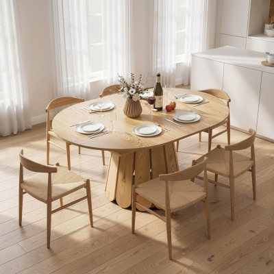 HOMCOM Extendable Dining Table, Round to Oval Convertible Kitchen Table with Storage Shelf for Dining Room, Natural