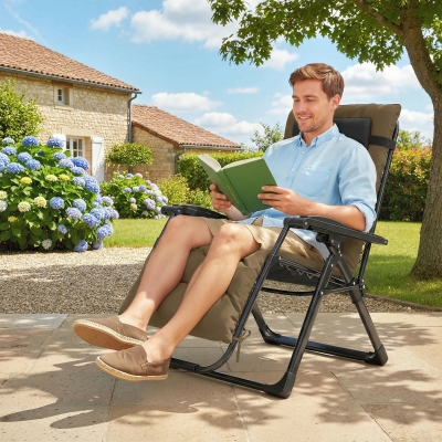 Outsunny Folding Garden Chair, Reclining Zero Gravity Chair, Sun Lounger with Cushion and Headrest, Khaki