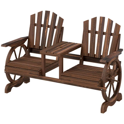 Outsunny Wooden Outdoor Loveseat, Wagon Wheel Outdoor Bench with Table, Carbonized