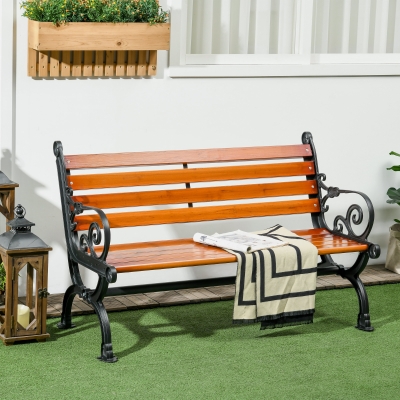 Outsunny 47 Inch Outdoor Garden Bench, Patio Loveseat with Unique Armrests, Slatted Seat Back, 528 lbs. Capacity, Teak Colour