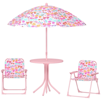 Qaba Kids Picnic Table Set with Foldable Chairs & Umbrella, Pink