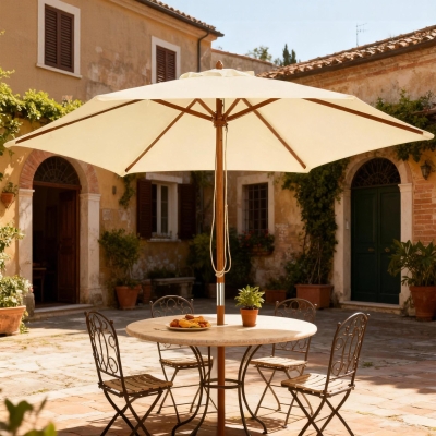 Outsunny 8FT Wood Market Umbrella Patio Umbrella Round Garden Parasol Canopy with Bamboo Ribs and Top Vent, Cream White