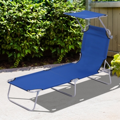 Outsunny Outdoor Lounge Chair, Adjustable Folding Chaise Lounge,  Tanning Chair with Sun Shade for Beach, Camping, Hiking, Backyard, Blue