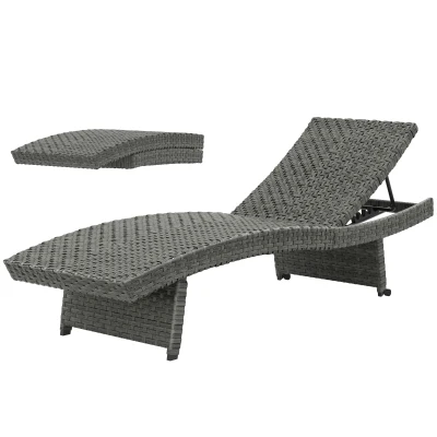 Outsunny Patio Lounger, Folding Wicker Outdoor Chaise Lounge with 4-Level Adjustable Backrest, Grey