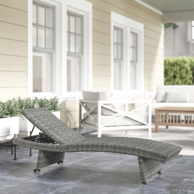Outsunny Patio Lounger, Folding Wicker Outdoor Chaise Lounge with 4-Level Adjustable Backrest, Grey