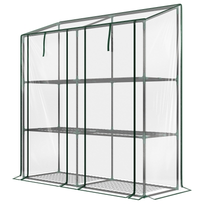 Outsunny Lean-to Greenhouse, Portable Greenhouse with 3 Tier Shelves, 2 Roll-Up Zippered Doors, 56.3" x 18.1" x 59.4", Clear
