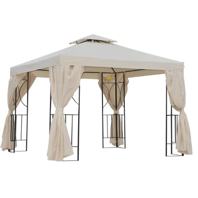 Outsunny 10' x 10' Patio Gazebo Outdoor, Canopy Shelter with Double-tier Roof, Pavilion Sidewalls for Garden Events, Cream White
