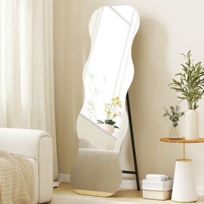 HOMCOM 64" x 21" Full Length Mirror, Irregular Wavy Frameless Full Body Mirror with Pine Wood Base for Bedroom, Black