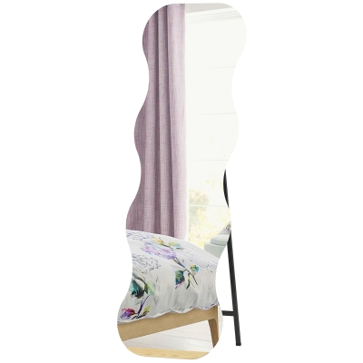 HOMCOM 64" x 21" Full Length Mirror, Irregular Wavy Frameless Full Body Mirror with Pine Wood Base for Bedroom, Black