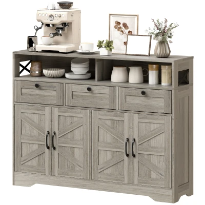 HOMCOM Sideboard, Buffet Cabinet with 4 Barn Doors and 3 Drawers, Coffee Bar Cabinet with Adjustable Shelves, Grey