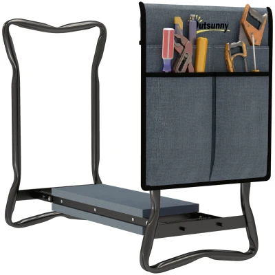 Outsunny Garden Kneeler and Seat, Foldable Gardening Stool Bench with Thick EVA Foam Kneeling Pad and 1 Large Tool Pouch, Grey