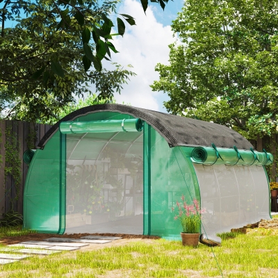 Outsunny Walk-in Tunnel Greenhouse, Plant Hot House with Sunshade Net, Roll-up Mesh Sidewalls, 2 Doors, 10' x 13' x 6.5' , Green