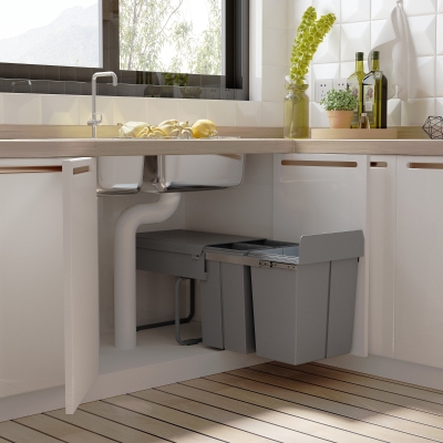 HOMCOM Pull Out Trash Can Under Cabinet, 10.6 Gallon (40L) Slide Out Garbage Can with 3 Removable Compartments, Grey