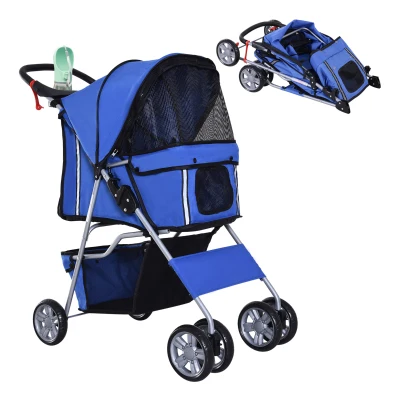 PawHut 4 Wheel Pet Stroller for Small Dogs Cats, Dog Stroller with Folding Sunshade Canopy, Pet Carrier Folding Sunshade Canopy with Brake, Safety Leash, Cup Holder, Blue