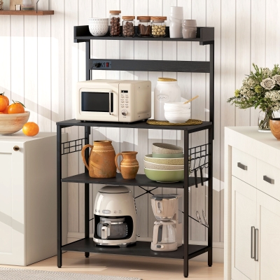 HOMCOM Kitchen Baker's Rack with Power Outlet, Coffee Bar Station with Adjustable Shelves and Hooks, Distressed Black