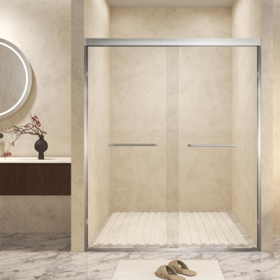 Double Sliding Shower Door with Explosion-Proof Safety Film and Steel Long Handle, Brushed Nickel