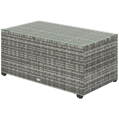 Outsunny Wicker Outdoor Coffee Table, PE Wicker Rectangular Patio Table with Tempered Glass Top for Garden, Balcony, Light Grey