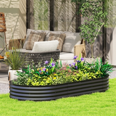 Outsunny 7' x 3' x 1' Large Outdoor Planter Box, Galvanized Raised Garden Bed with Metal Plant Stake, Black