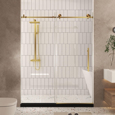 Frameless Shower Door with Anti-Shatter Safety Film and Bottom Water-Blocking Strip, Brushed Gold