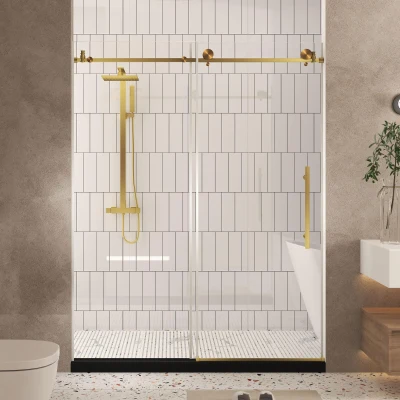 Frameless Shower Door with Anti-Shatter Safety Film and Bottom Water-Blocking Strip, Brushed Gold