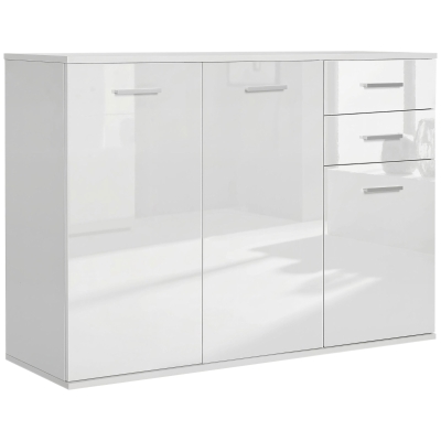 HOMCOM High Gloss Sideboard with 2 Drawers and 3 Doors, Buffet Cabinet with Adjustable Shelf, Coffee Bar Cabinet with Storage, White