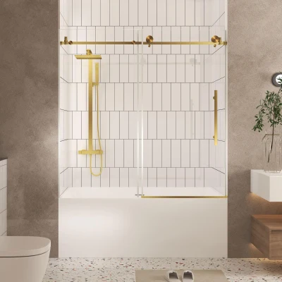 Frameless Sliding Shower Door with Smooth Quiet Stainless Steel Rollers & Round Tracks, Brushed Gold