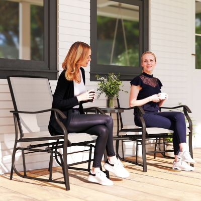 Outsunny Double Patio Glider Chair with Glass Top Center Table, Outdoor Glider Loveseat with High Back,  All Weather Breathable Mesh Fabric for Garden, Backyard, Deck, Beige