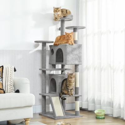 PawHut 54" Cat Tree, Multi-Level Cat Tower with Scratching Posts, Cat Condos, Bed, Platforms, Ramp, Toy Ball, Light Grey