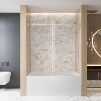 Frameless Shower Door with Anti-Shatter Safety Film and Bottom Water-Blocking Strip, Brushed Nickel