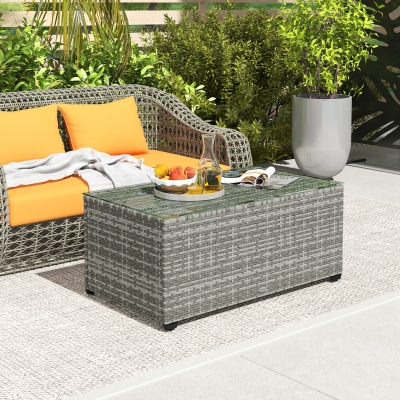 Outsunny Wicker Outdoor Coffee Table, PE Wicker Rectangular Patio Table with Tempered Glass Top for Garden, Balcony, Light Grey