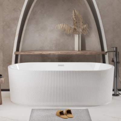 59" Freestanding Acrylic Soaking Tub with Adjustable Feet and Flexible Drain, Gloss White