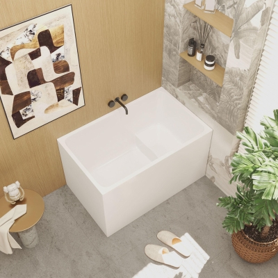 43" Acrylic Freestanding Bathtub with Built-In Seat and Ergonomic Sloping Backrest, Gloss White