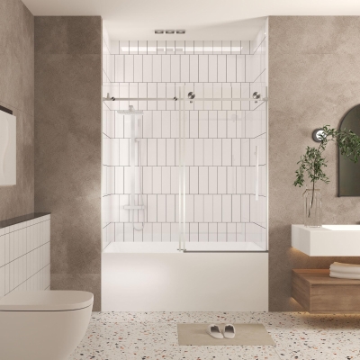 Frameless Sliding Shower Door with Smooth Quiet Stainless Steel Rollers & Round Tracks, Brushed Nickel
