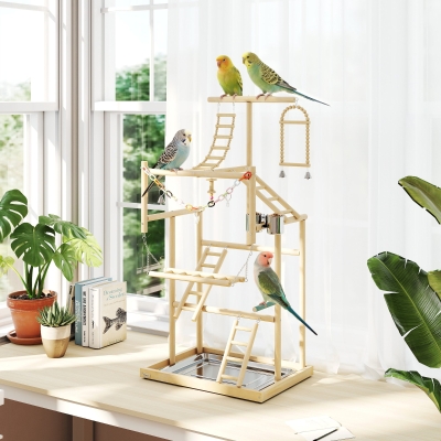 PawHut Bird Playground, 4 Layer Wooden Play Stand with Ladders, Chain Toy, Stainless Steel Cups and Tray for Small Birds