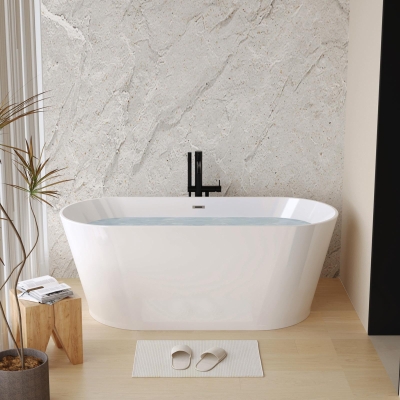 55" Freestanding Acrylic Soaking Bathtub with Double-Wall Insulation for Heat Retention, Gloss White