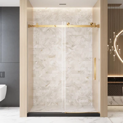 Frameless Shower Door with Anti-Shatter Safety Film and Bottom Water-Blocking Strip, Brushed Gold