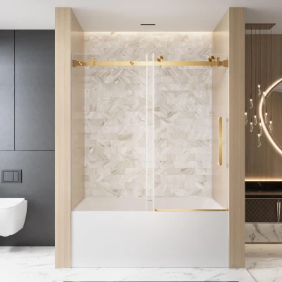 Frameless Shower Door with Anti-Shatter Safety Film and Bottom Water-Blocking Strip, Brushed Gold