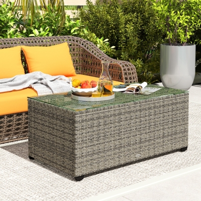 Outsunny Wicker Outdoor Coffee Table, PE Wicker Rectangular Patio Table with Tempered Glass Top for Garden, Balcony, Dark Grey