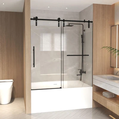 Sliding Bathtub Door with Waterproof Seals and Tempered Glass, Matte Black
