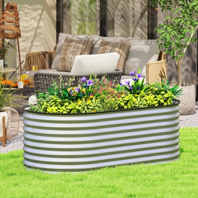 Outsunny 5 x 2.5 x 2 ft Galvanized Raised Garden Bed, Easy DIY Oval Planter Box with Safety Edging and Gloves, Silver