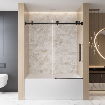 Frameless Sliding Shower Door with Smooth Quiet Stainless Steel Rollers & Round Tracks, Matt Black