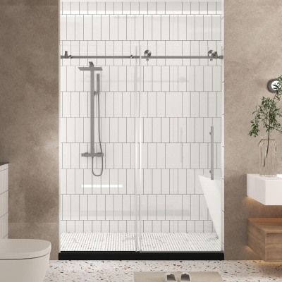 Frameless Shower Door with Anti-Shatter Safety Film and Bottom Water-Blocking Strip, Brushed Nickel