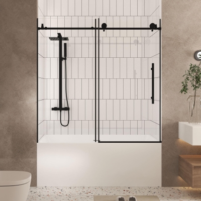 Frameless Sliding Shower Door with Smooth Quiet Stainless Steel Rollers & Round Tracks, Matte Black