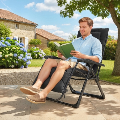 Outsunny Folding Garden Chair, Reclining Zero Gravity Chair, Sun Lounger with Cushion and Headrest, Black