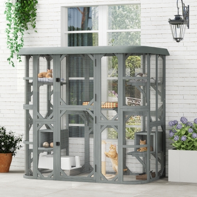 PawHut Catio Outdoor Cat Enclosure, 71" Wooden Cat House with Platforms, Condos and Waterproof Cover for 2–3 Kittens, Grey