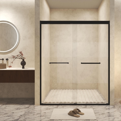 Aluminum Frame Double Sliding Shower Door with Safety Film, Matt Black