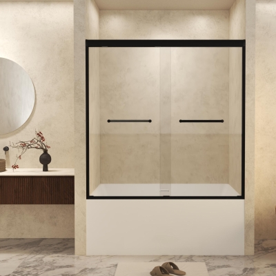 Double Sliding Shower Door with Explosion-Proof Safety Film and Stainless Steel Long Handle, Matt Black
