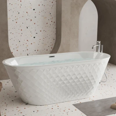 59" Acrylic Freestanding Bathtub with Unique Diamond-Pattern Exterior, Gloss White